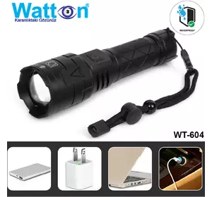Фонарик тактический аккумуляторный WATTON WT-604, карманный фонарь с USB зарядкой и функцией Powerbank