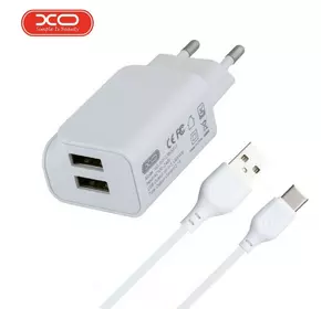 Мережевий зарядний пристрій з кабелем USB - Type-C XO L35D та двома USB портами 2.1A Білий