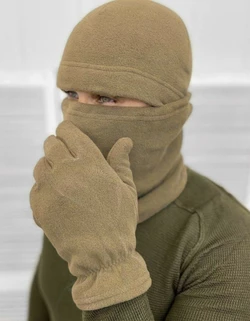 Комплект флісовий з шапки, баффа та рукавичок тактичний для армії ЗСУ бежевого кольору.