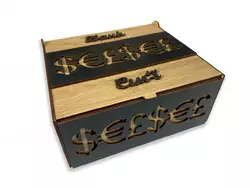 Коробка-органайзер для грошей БАНК СІМ'Ї з натурального дерева з різьбленням та перфорацією, скарбничка 20x18,5x8,5 см