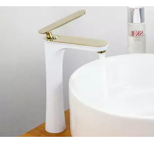 Змішувач латунний дизайнерський для раковини, одноважільний кран WanFan Білий + Золото