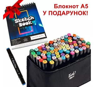 Большой набор скетч маркеров 80 цветов Touch Raven в черном чехле и Блокнот А5 для рисования в подарок!