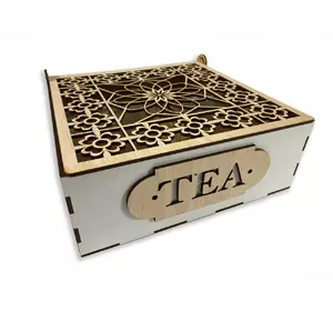 Ящик для чая TEA из натурального дерева с резьбой и перфорацией 22х22,5х7,5 см