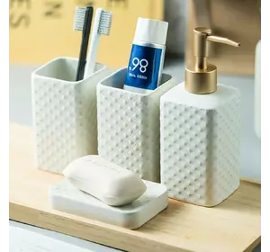 Комплект керамических аксессуаров для ванны: дозатор, мыльница, стаканы Белого цвета