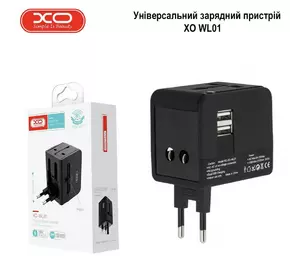Универсальное зарядное устройство XO WL01 UK/EU/US, сетевой переходник с двумя USB портами Черный