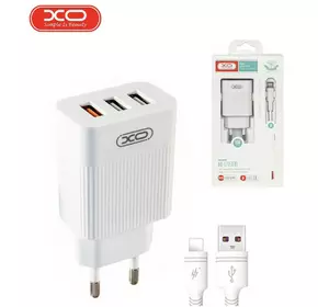 Мережевий зарядний пристрій XO L72 QC3.0 3USB/3A з кабелем USB - Lightning Білий